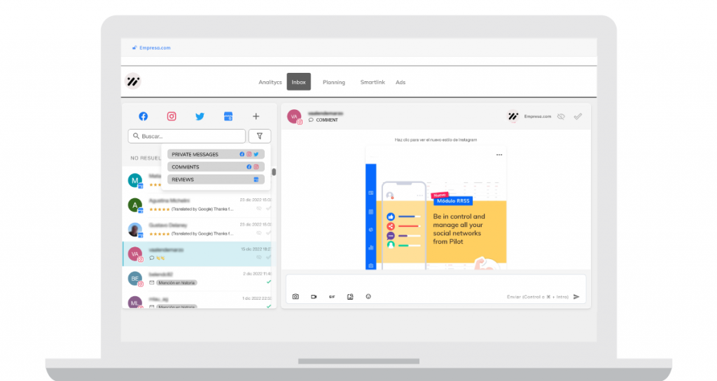 Pilot Message Box Moderate your direct messages, comments on your posts and reviews ...